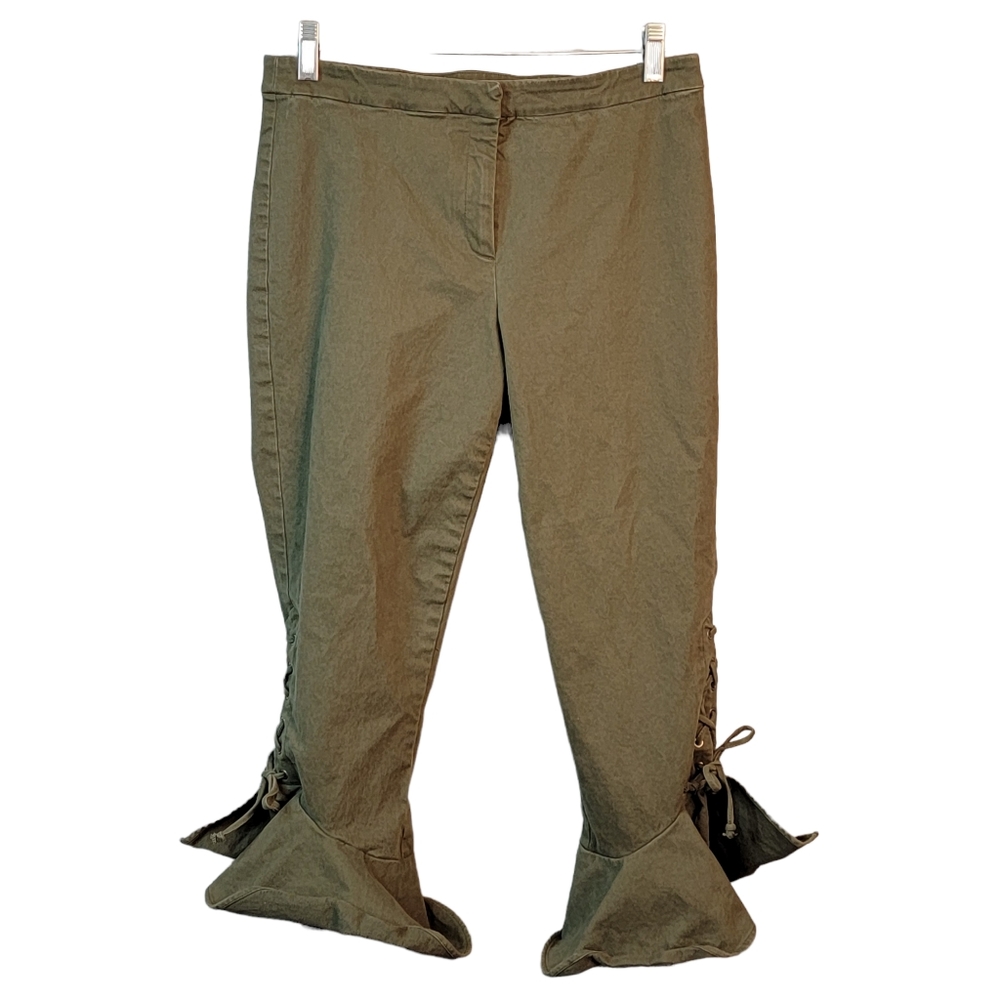 Scripted Olive Green Cropped Boho Ruffled Flair Leg Trouser Pants Size 8